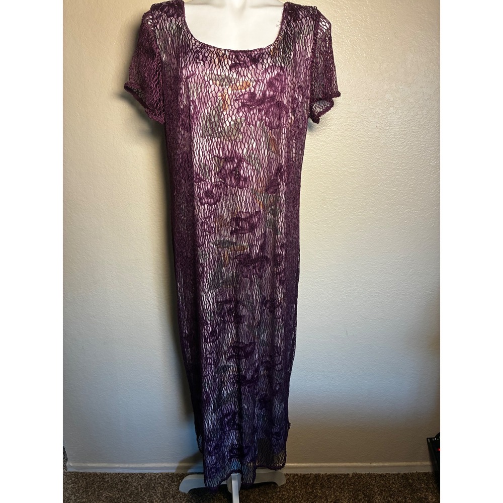 Caroline Wells Collection Purple Mesh Floral Layered Maxi Dress Short Sleeve